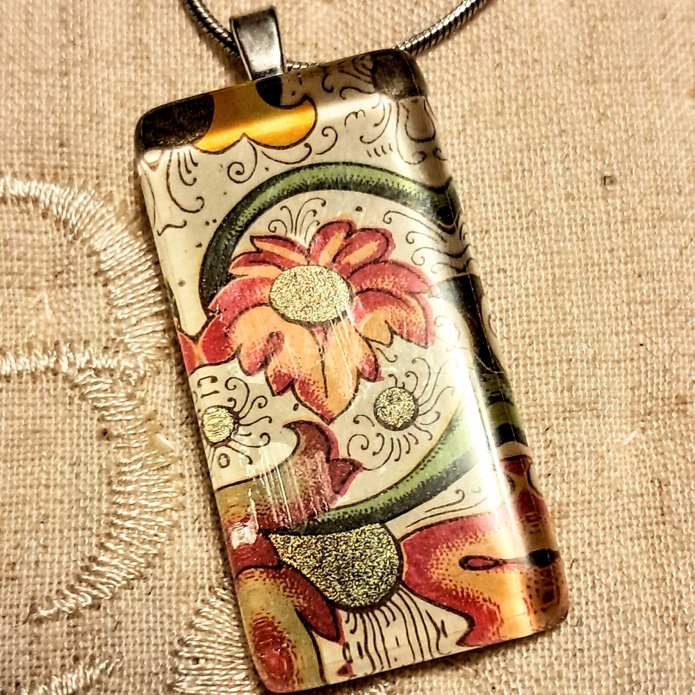 Vintage Floral Art Tile Glass Pendant